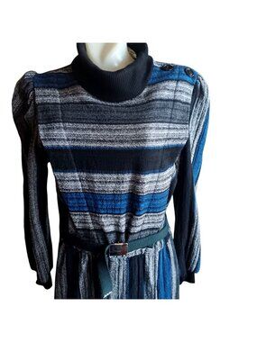 True Vintage New Wave Dress sz 13-14 1980's P.V. Rich Striped Knit Belted USA